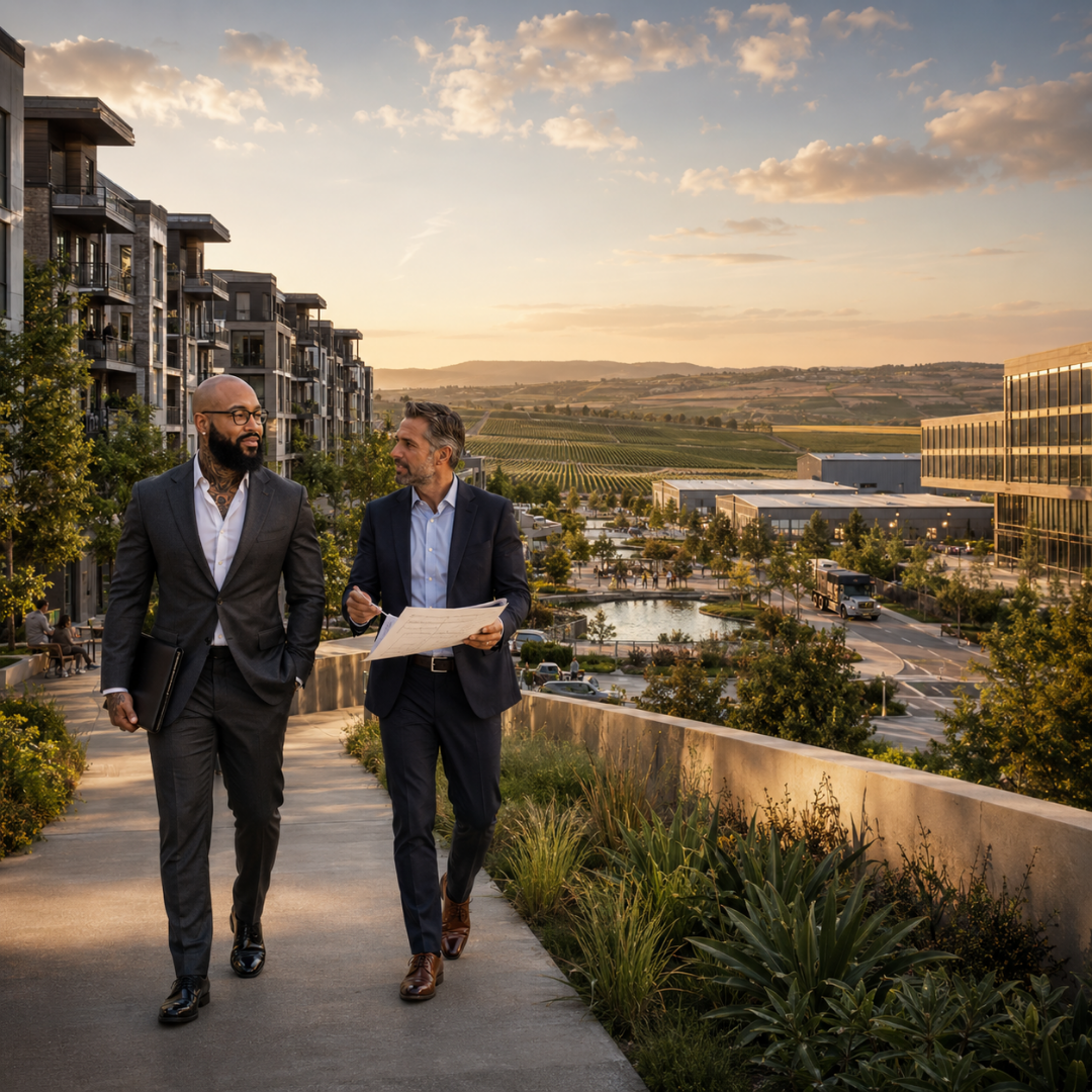  Zane Richardson reviewing a large-scale real estate development with a project executive